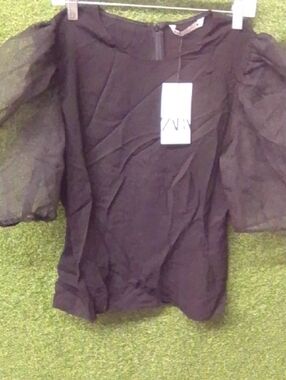 Zara Black Sheer Puff Sleeve Blouse